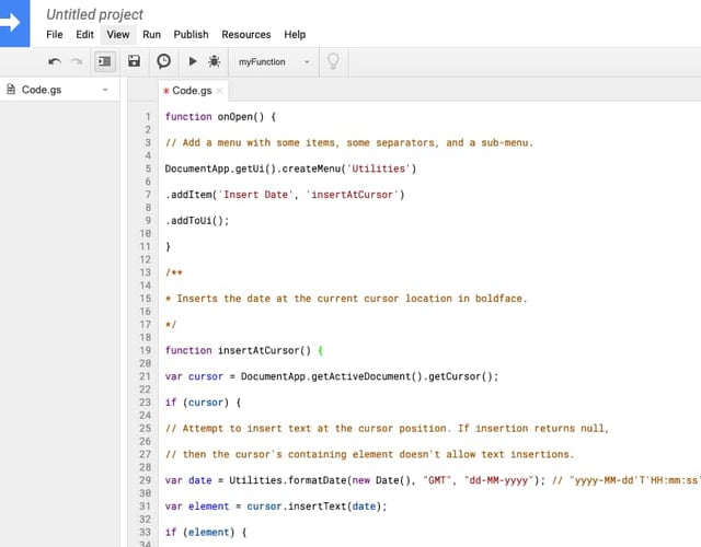 Google Script Editor with code inserted